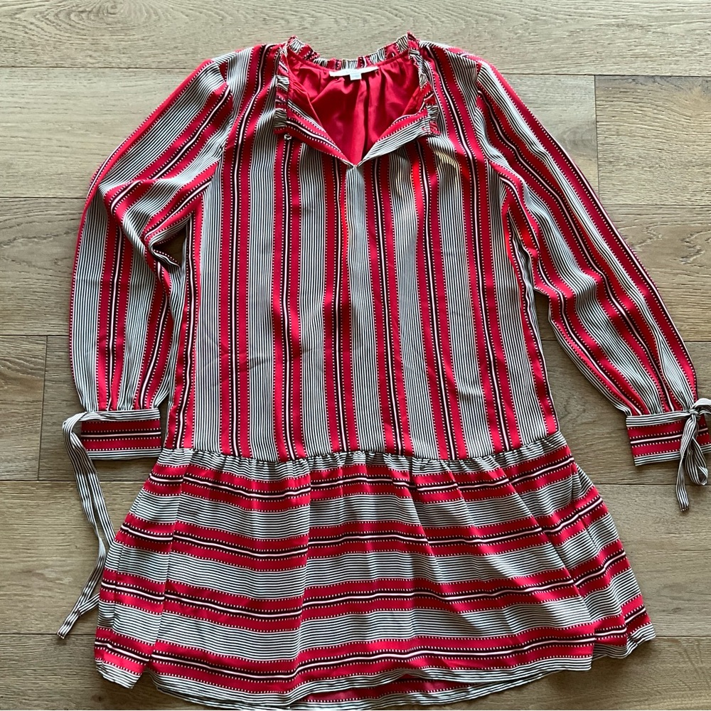 LOFT Red and Cream Striped Long-Sleeve Tiered Dress